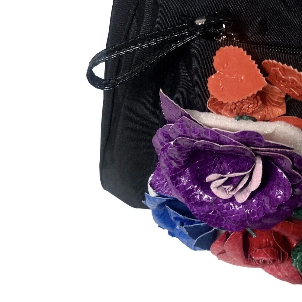 Dan W Black Nylon and Leather Floral Oversized‎ Tote 1990's Statem Bag Vintage